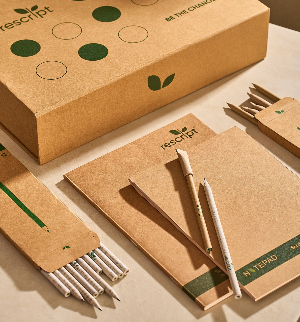 Rescript eco-friendly stationery set including notebooks, writing tools and recycled-paper products