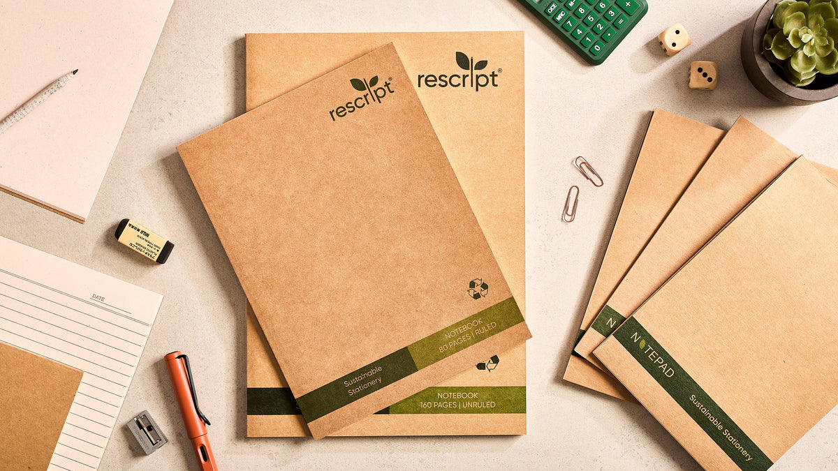 Rescript eco-friendly stationery set including notebooks, writing tools and recycled-paper products