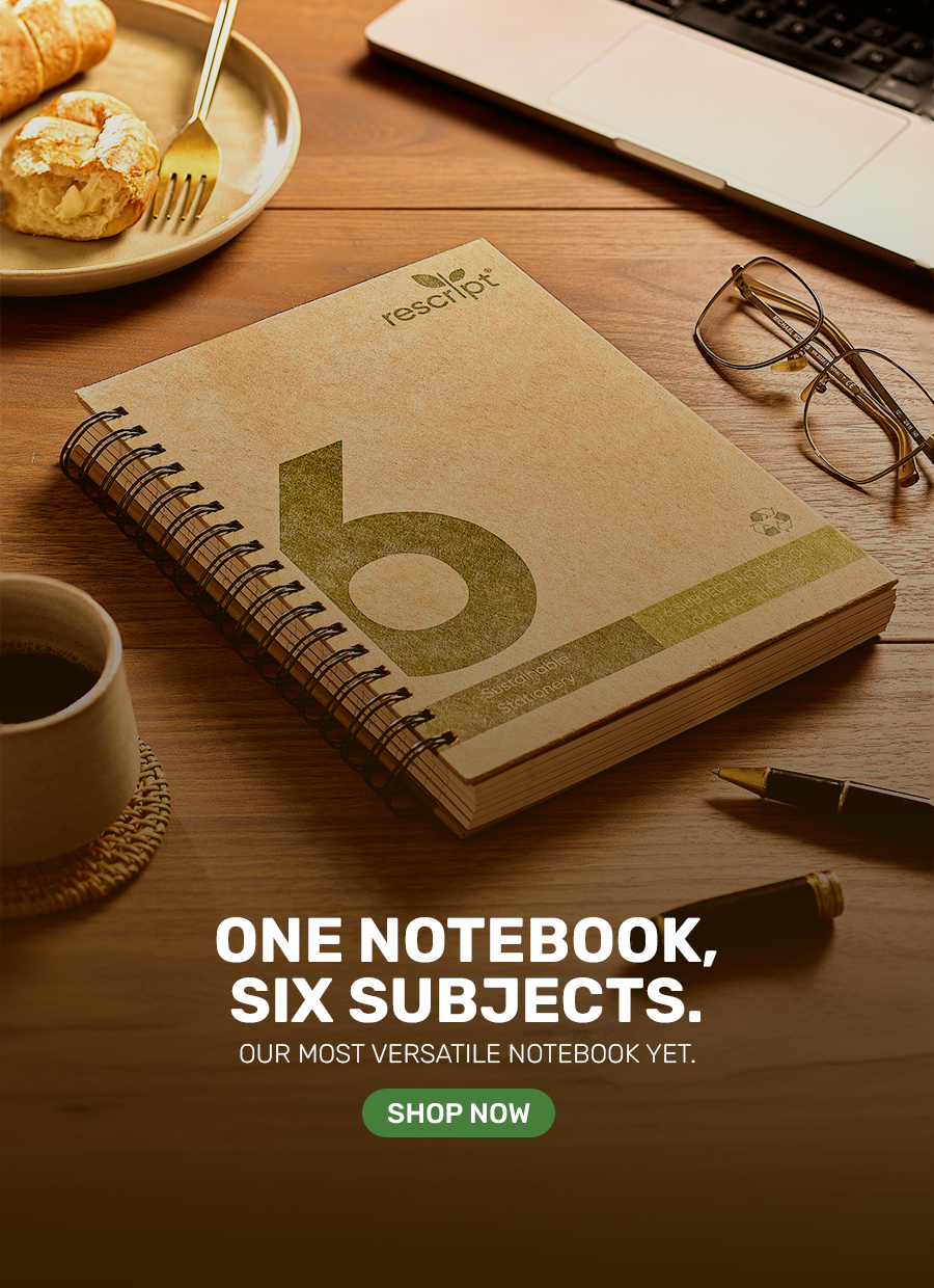 Notebook with Rescript branding on a wooden desk