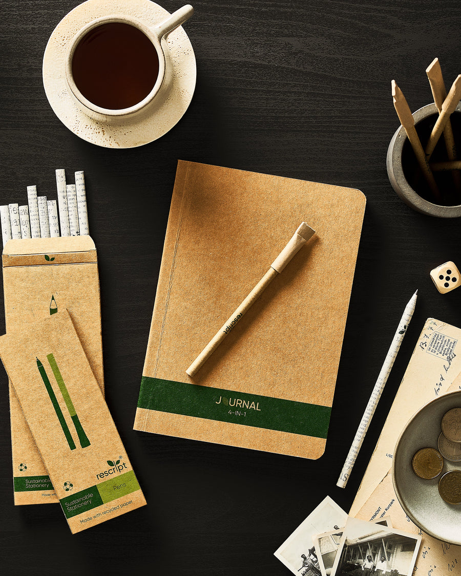 Brown notebook with a pen and coffee