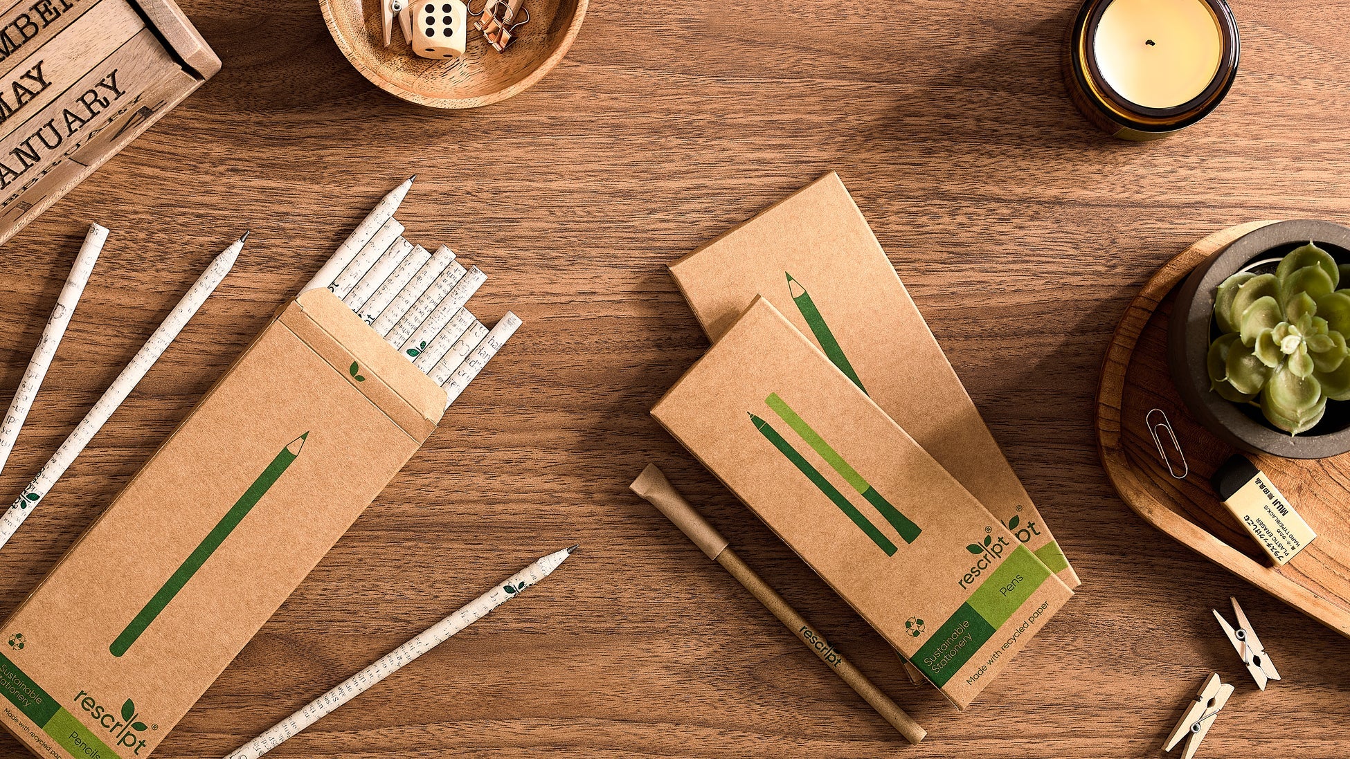 Rescript eco-friendly stationery set including notebooks, writing tools and recycled-paper products